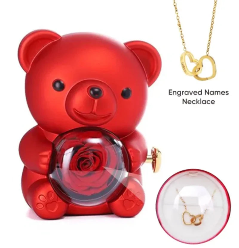 Eternal Rose Bear With Engraved Necklace